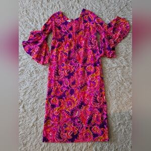 Vintage 60s 70s Maxi Dress Caftan | Pink Orange Floral | Empire Waist | SM to XL